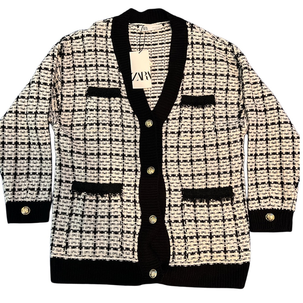 ZARA Tweed Knit Cardigan Black White Gold Button Womens Small NWT - Picture 2 of 8